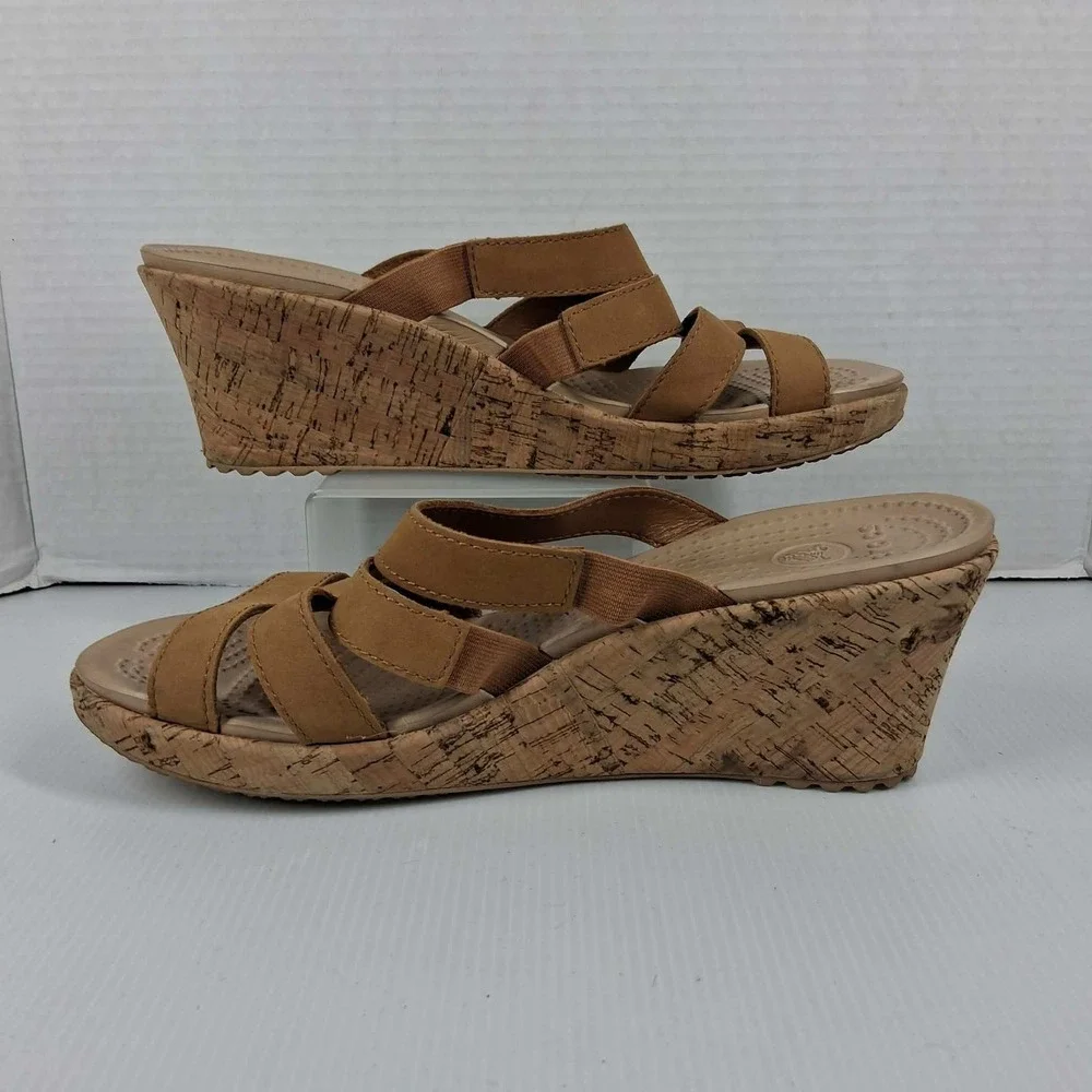 Crocs Leigh II Wedge Sandals Womens 11 Tan Strappy‎ Cork Wrap Slides 202513-23Q